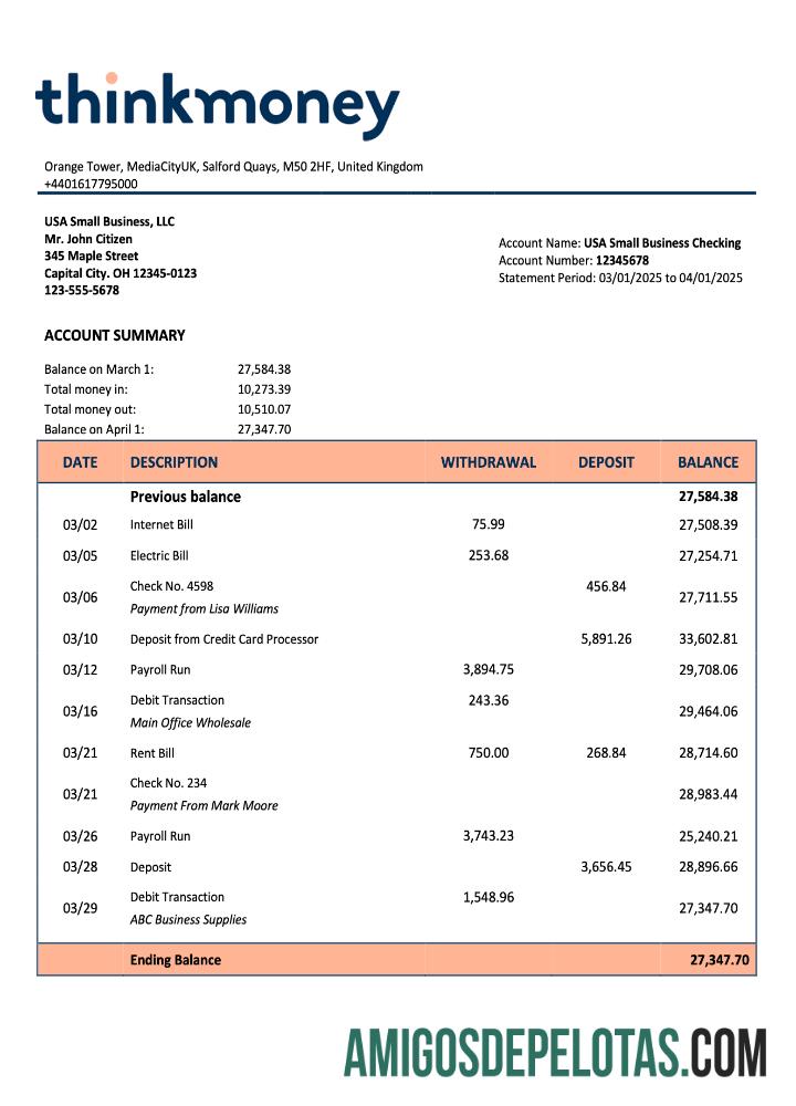 Baixável Reino Unido Think Money Firm Checking Account Statement Word And PDF modelo